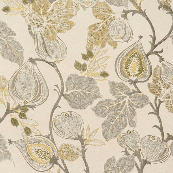 Pale botanical fabric with olive leaves, grey stems and cream ground