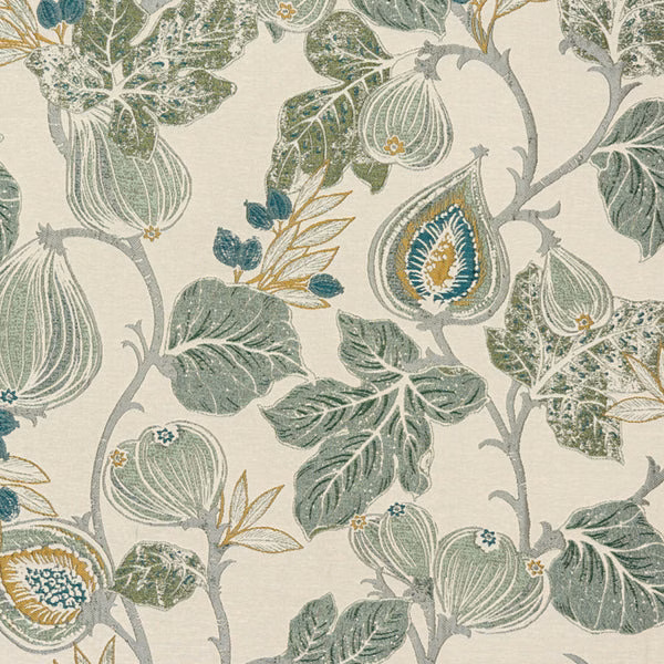 Large botanical fabric with seafoam leaves, teal accents and cream ground