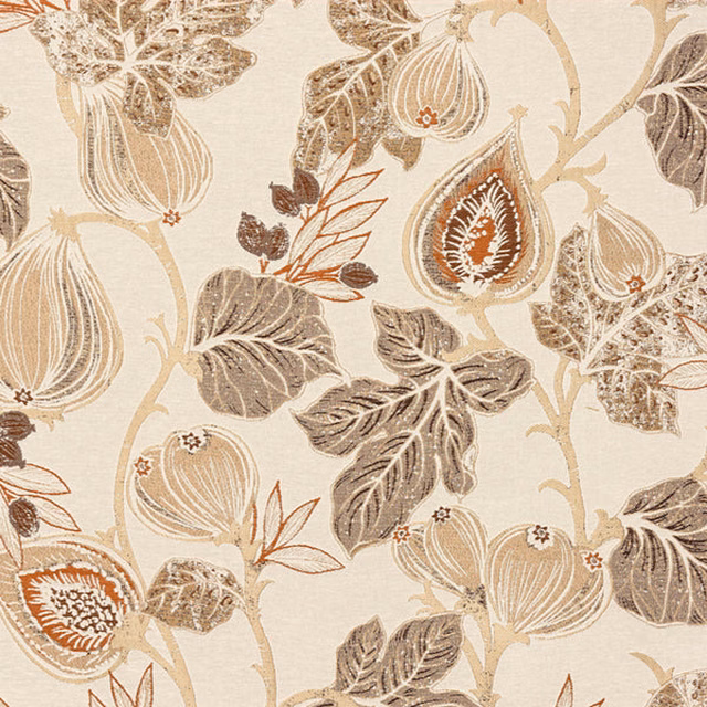 Cream ground fabric with large botanical seed pods and leaves in chianti spice, taupe and beige