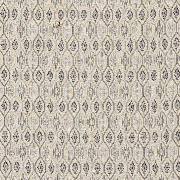Stone-coloured geometric fabric with charcoal diamond lattice and small repeating motif