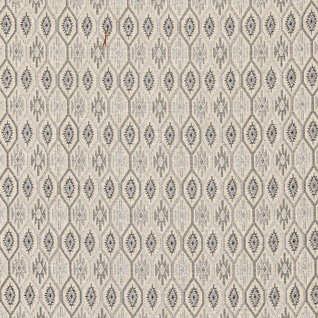 Stone-coloured geometric fabric with charcoal diamond lattice and small repeating motif