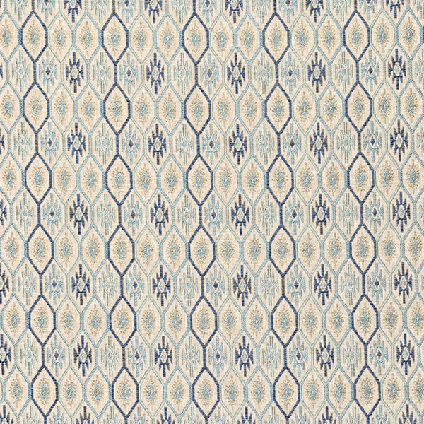 Cream fabric swatch with indigo geometric diamond and floral motifs