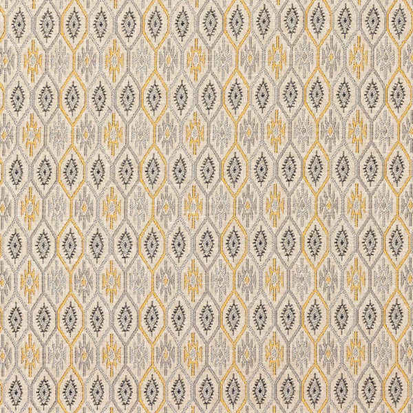 Ochre and grey diamond lattice fabric swatch on an ivory ground