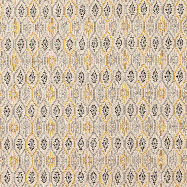 Ochre and grey diamond lattice fabric swatch on an ivory ground