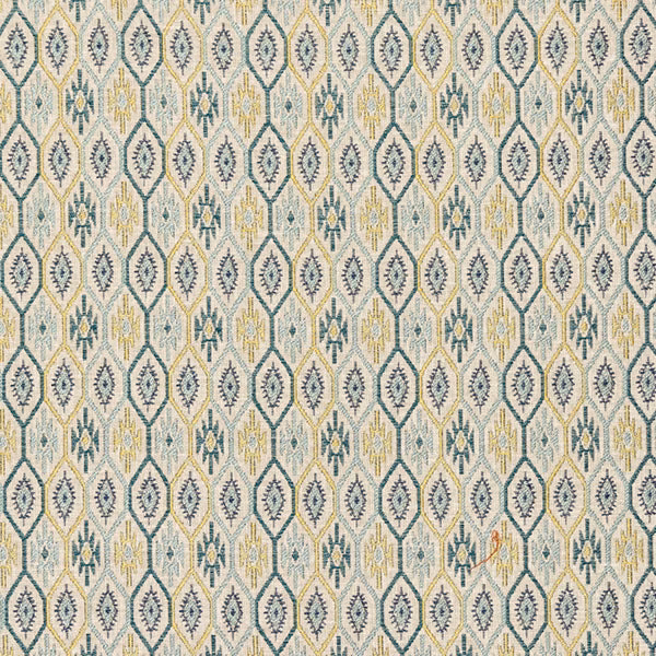 Seafoam teal geometric diamond fabric with ivory ground and pale yellow accents