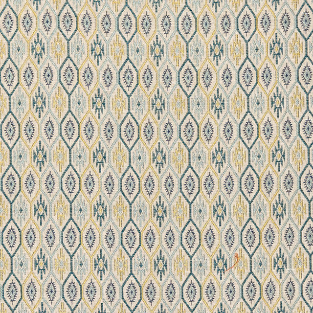Seafoam teal geometric diamond fabric with ivory ground and pale yellow accents