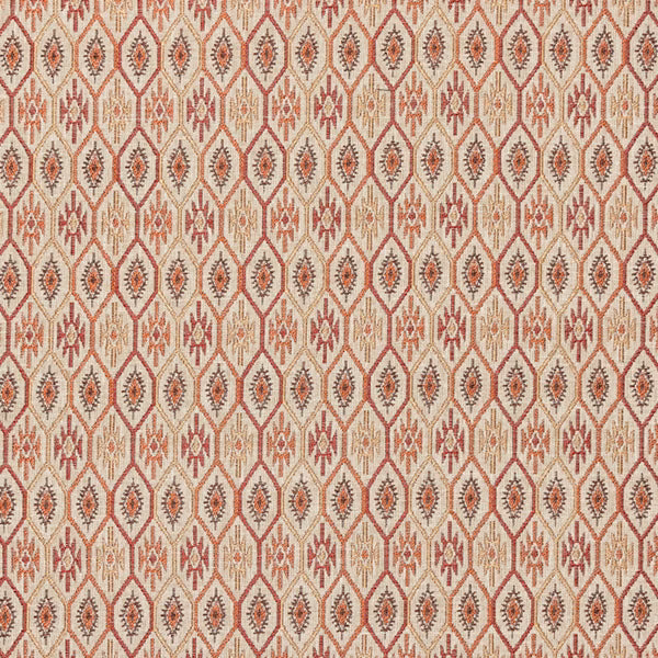 Small geometric fabric swatch in terracotta red and beige diamond motifs