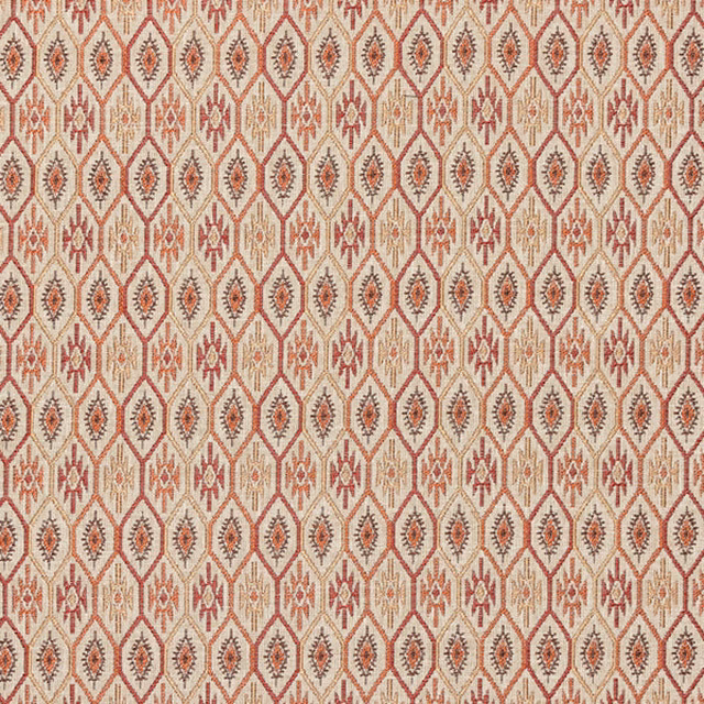 Small geometric fabric swatch in terracotta red and beige diamond motifs
