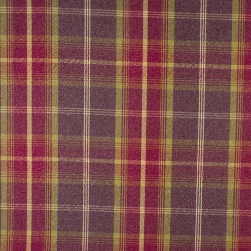 Plaid woven fabric in plum, amethyst and olive stripes with a textured finish