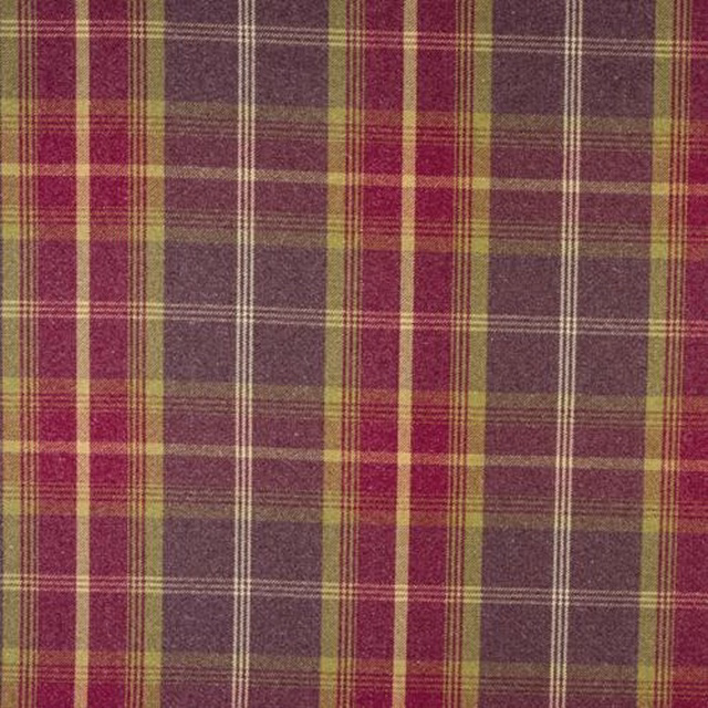 Plaid woven fabric in plum, amethyst and olive stripes with a textured finish