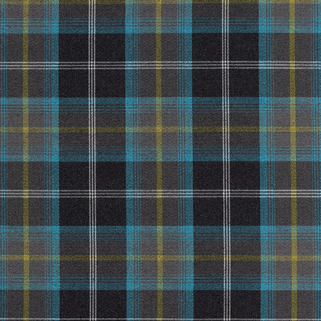 Bold azure and olive tartan check on a dark charcoal woven fabric