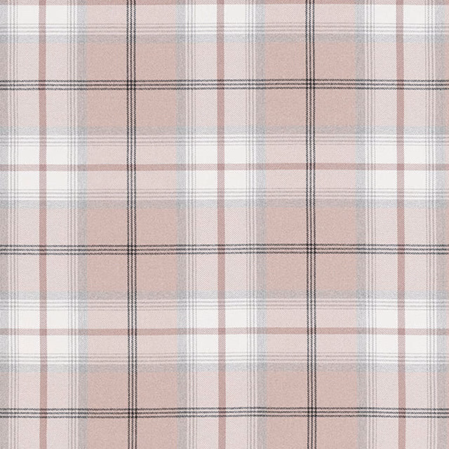 Pale blush pink checked fabric with fine grey-black pinstripes
