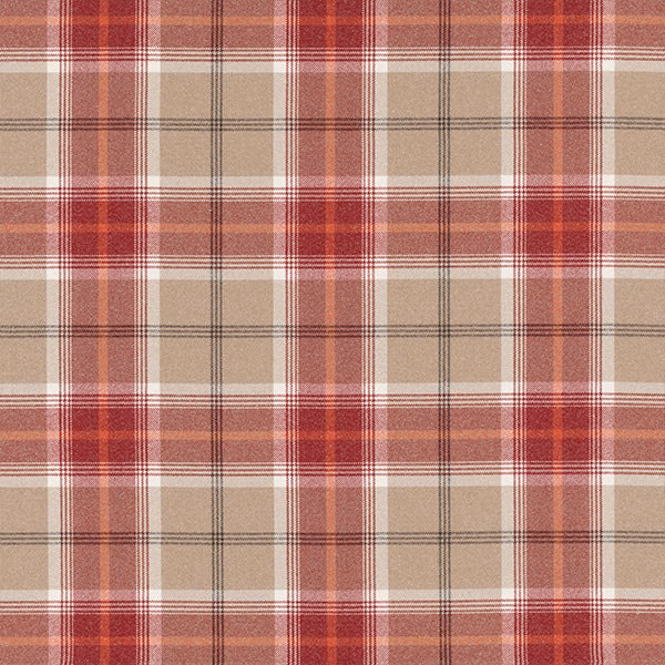 Cardinal red and beige tartan check fabric with fine charcoal stripes