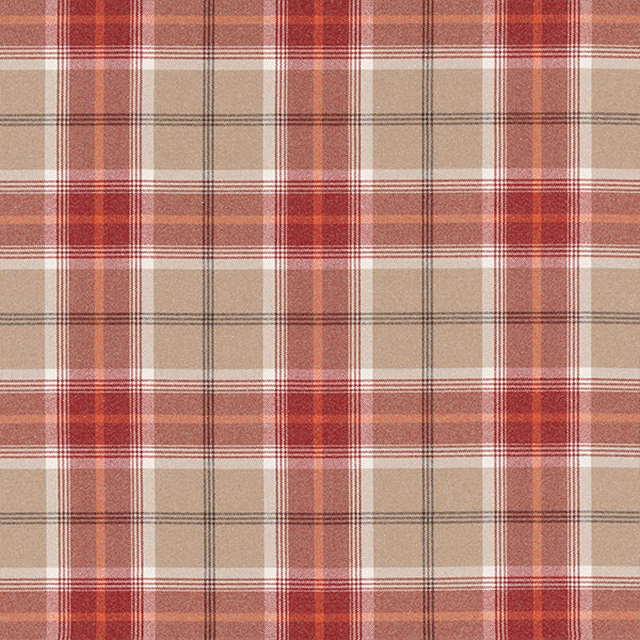 Cardinal red and beige tartan check fabric with fine charcoal stripes