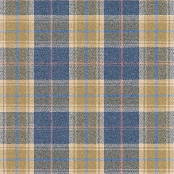 Muted blue and tan tartan-style check fabric with fine woven texture
