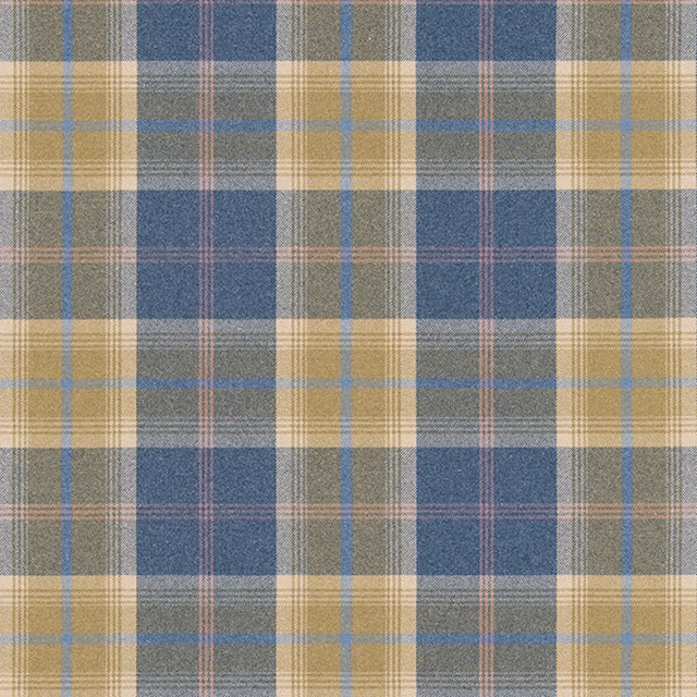 Muted blue and tan tartan-style check fabric with fine woven texture