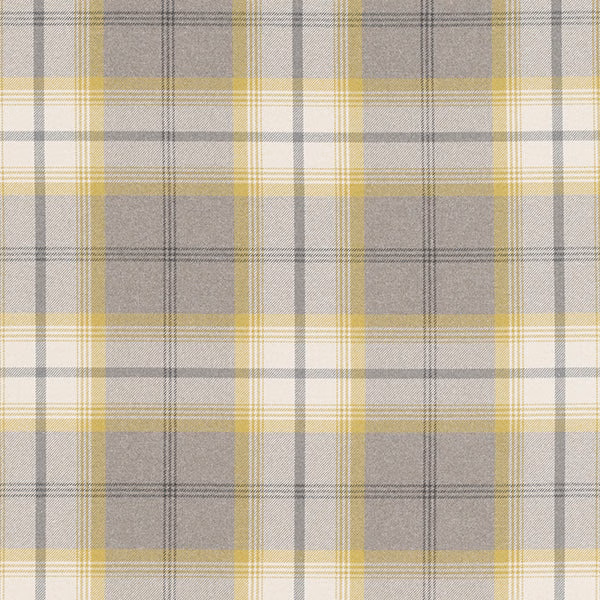 Pale grey tartan check fabric with ivory and citrus yellow stripes