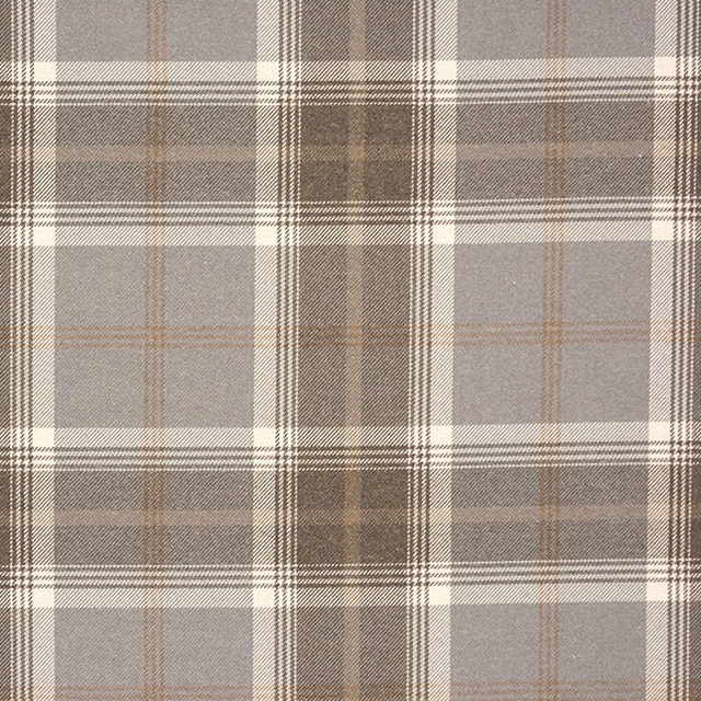 Large grey tartan check on a woven fabric swatch with taupe and ivory stripes