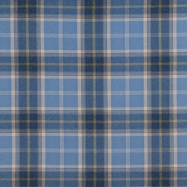 Blue tartan check fabric with cream and navy intersecting stripes