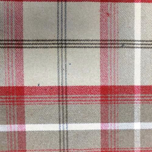 Large cranberry and stone checked fabric swatch with fine woven texture