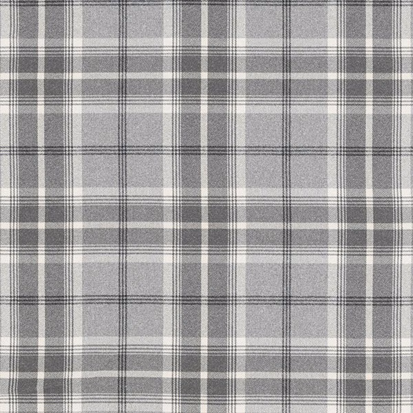Grey tartan-style checked fabric with pale silver ground and charcoal stripes