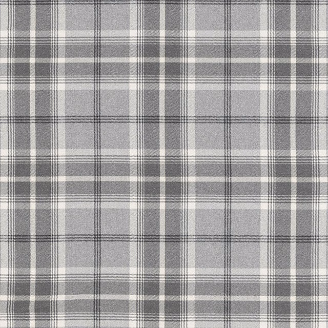 Grey tartan-style checked fabric with pale silver ground and charcoal stripes