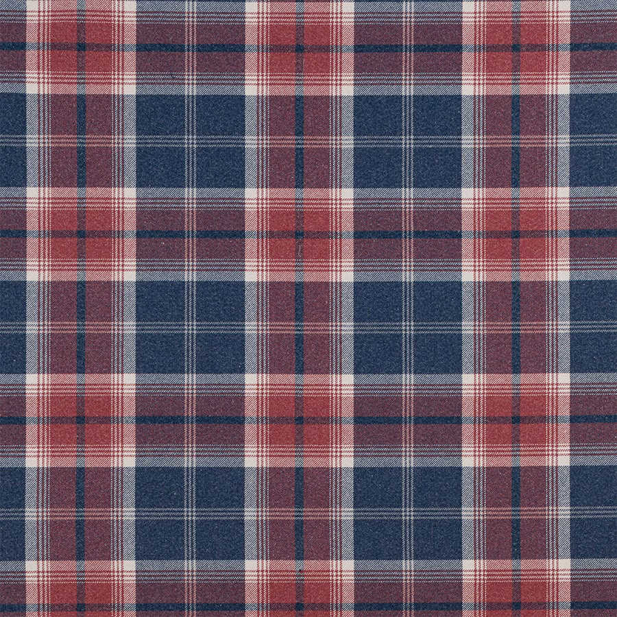 Navy and berry tartan check fabric with cream pinstripes on a woven swatch