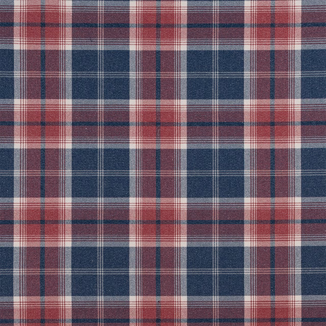 Navy and berry tartan check fabric with cream pinstripes on a woven swatch