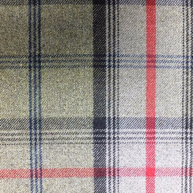 Moss green tartan fabric with navy and pink-red stripes, lightly textured weave