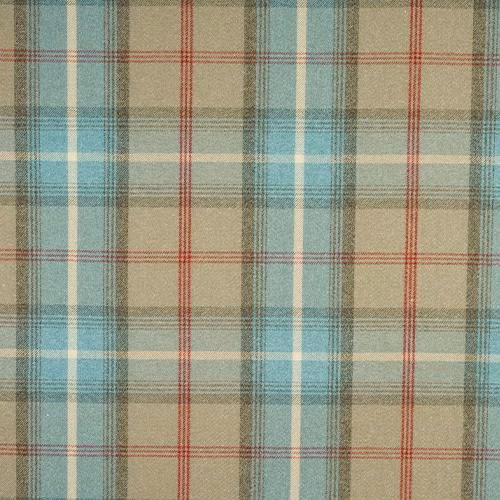 Pale blue and beige tartan check fabric with red pinstripes, close-up swatch