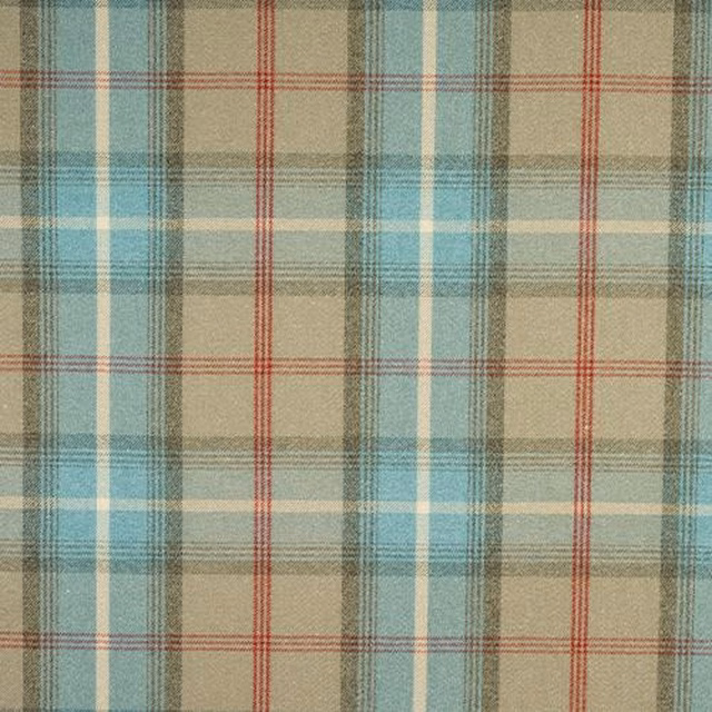 Pale blue and beige tartan check fabric with red pinstripes, close-up swatch