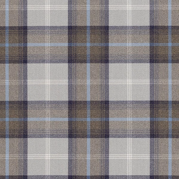 Blue and grey tartan fabric swatch with fine white check lines