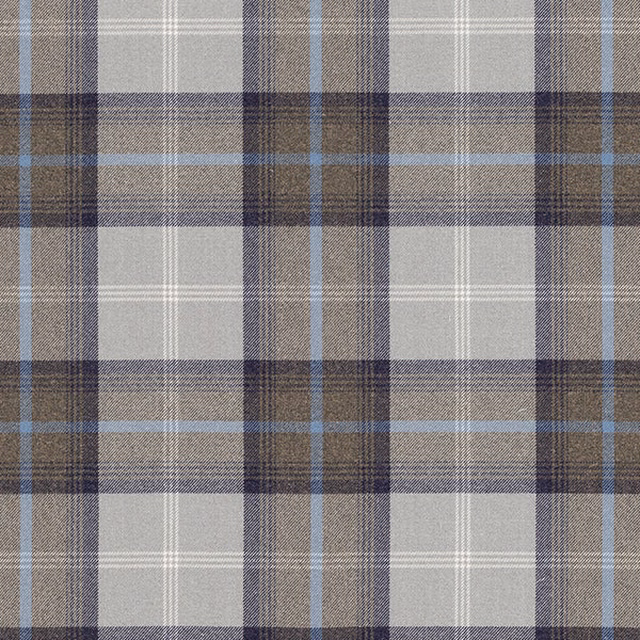 Blue and grey tartan fabric swatch with fine white check lines