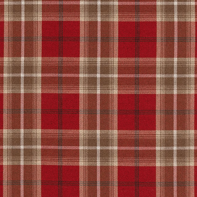 Red and beige tartan plaid fabric swatch with crisp woven check
