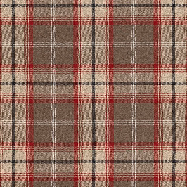 Red, beige and charcoal tartan check fabric with a woven flat finish