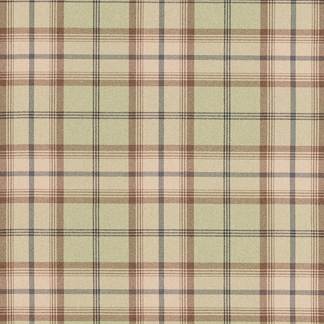 Sage green checked fabric with beige ground and fine brown pinstripes