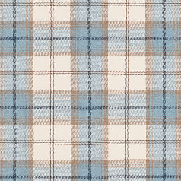 Pale sky blue and cream checked fabric with fine taupe stripes