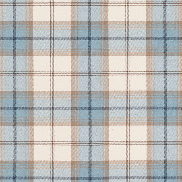 Pale sky blue and cream checked fabric with fine taupe stripes