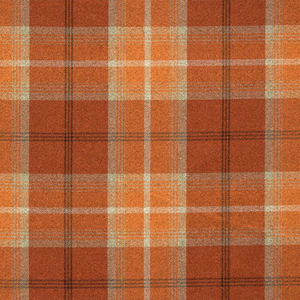 Burnt orange tartan check fabric with cream and dark brown stripes