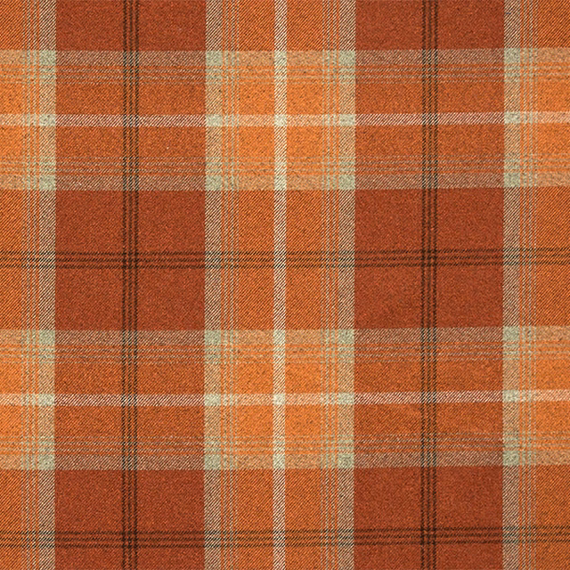 Burnt orange tartan check fabric with cream and dark brown stripes
