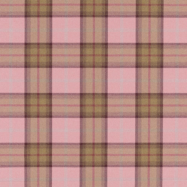 Pink and olive tartan fabric with fine plum stripes and a soft woven texture