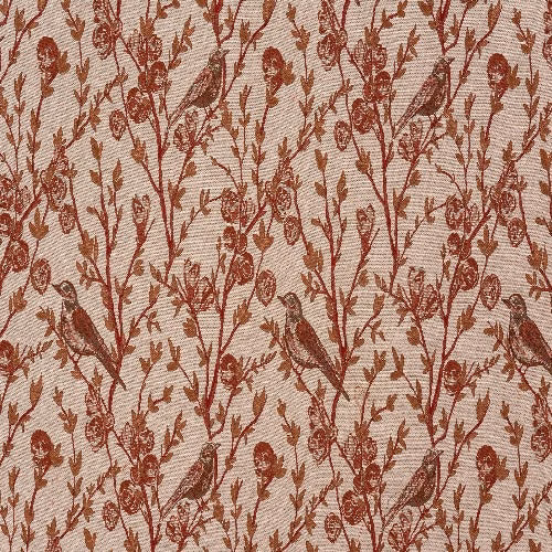 Burnt orange botanical fabric with birds on a pale linen-look ground