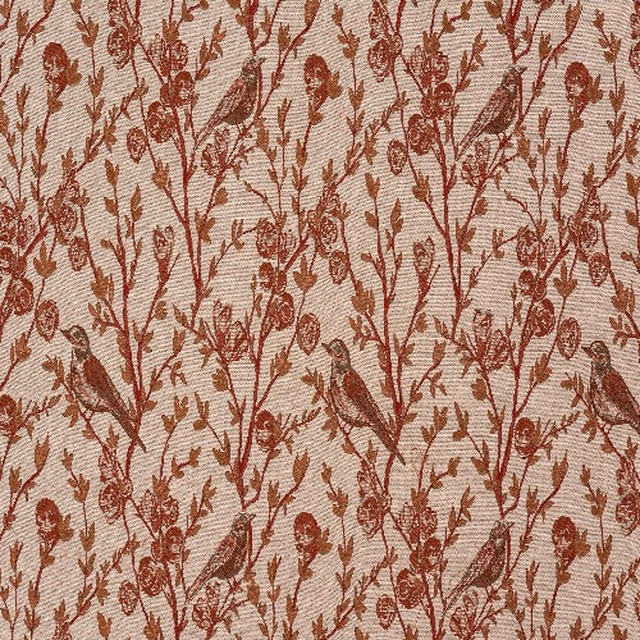 Burnt orange botanical fabric with birds on a pale linen-look ground