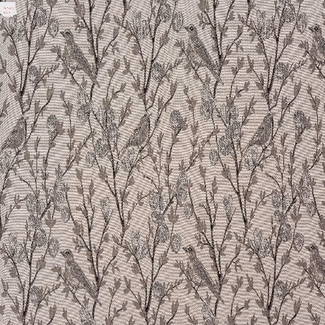 Pale dove-grey botanical fabric with dark sketchy stems and leaf motif