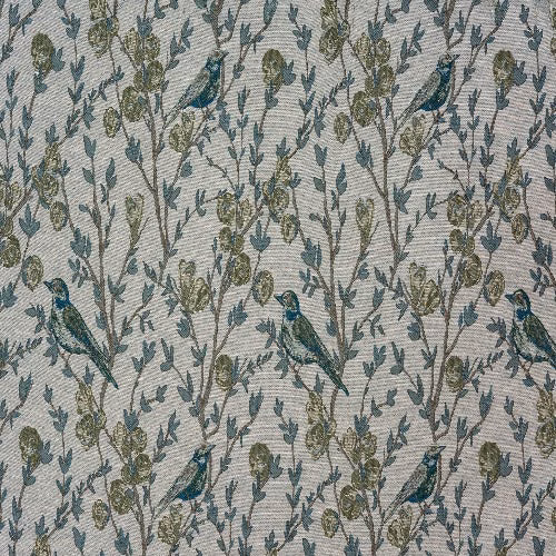 Beige botanical fabric swatch with teal birds and olive leafy stems