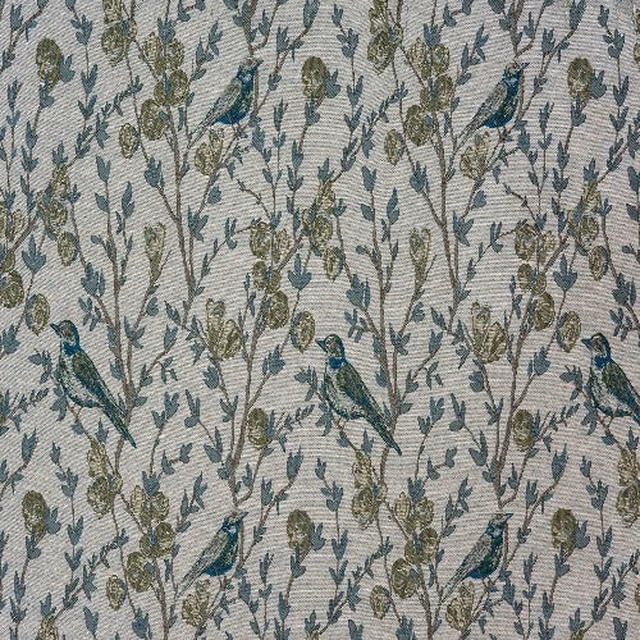 Beige botanical fabric swatch with teal birds and olive leafy stems
