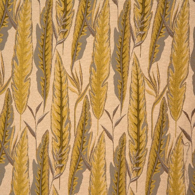 Ochre leaf stripe fabric on a beige ground with vertical botanical repeat