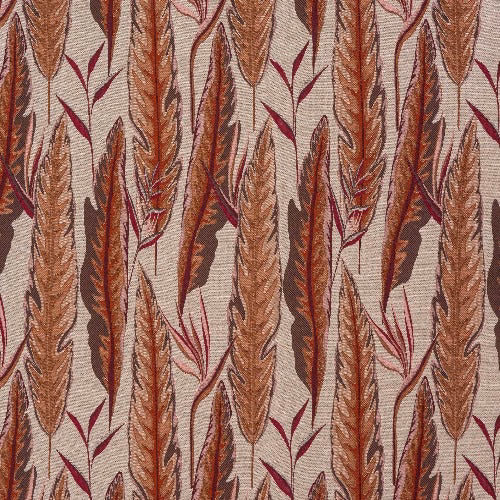 Woven fabric swatch with tall burnt orange leaf motif and plum accents on a cream ground