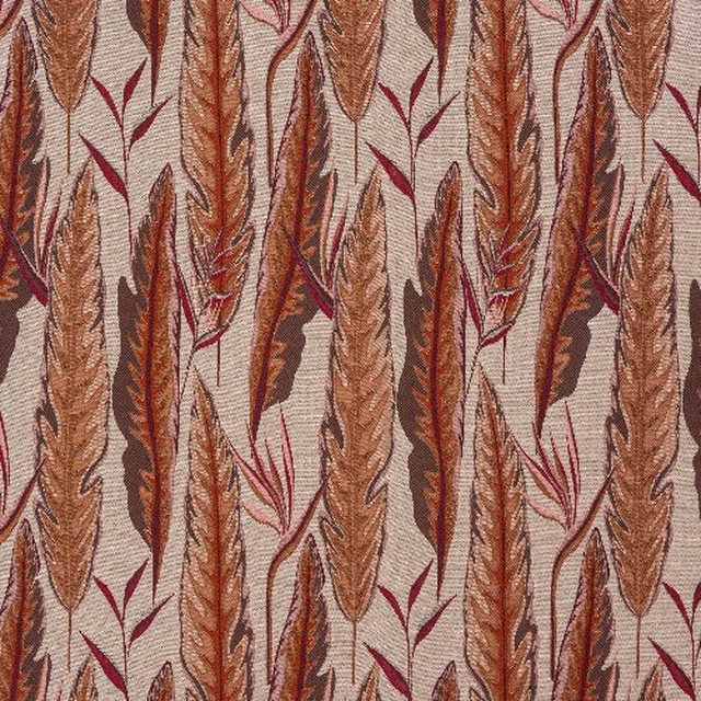 Woven fabric swatch with tall burnt orange leaf motif and plum accents on a cream ground