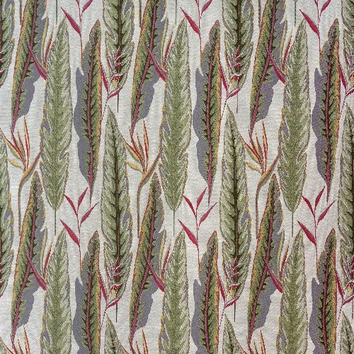 Vertical leaf-stripe fabric in sage green, grey and berry pink